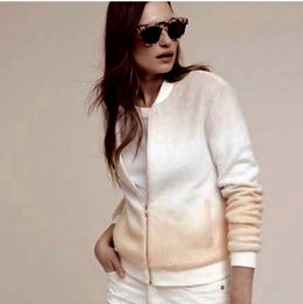 Paper Crown By Anthropologie White and Cream Fuzzy Bomber Jacket Small